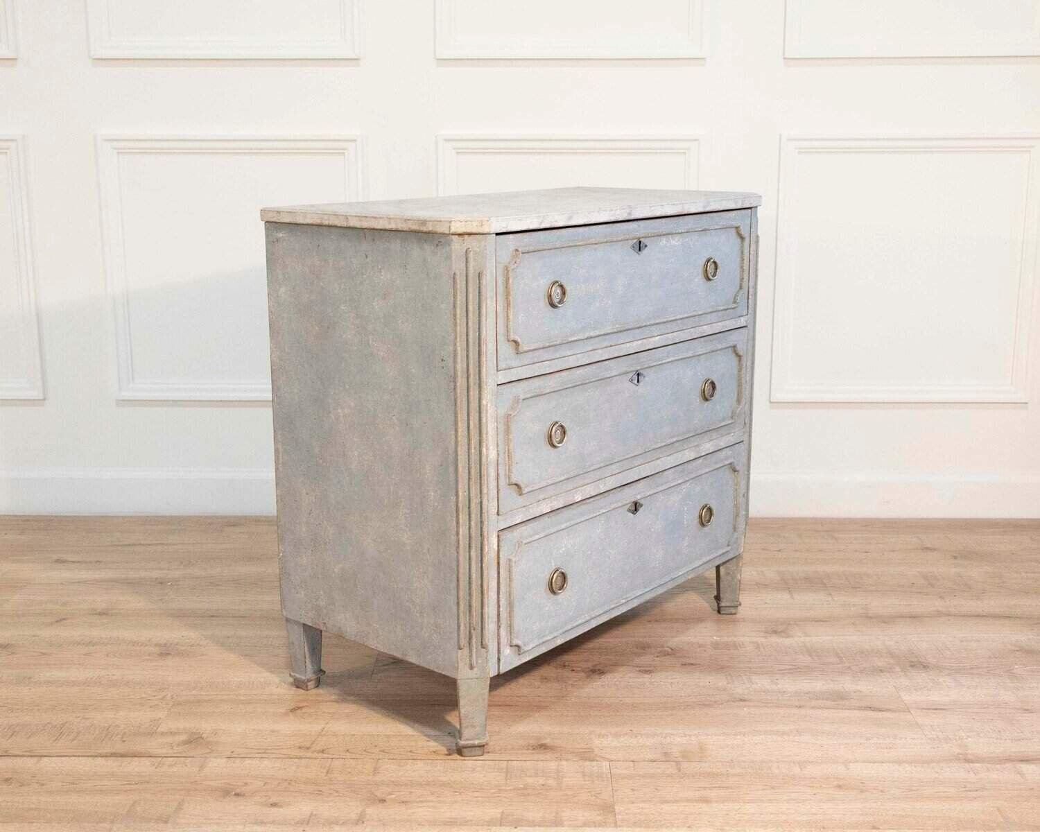 Swedish Gustavian-Style Blue Chest of Drawers with Faux Marble Top, Circa 1890–1900 - JAA