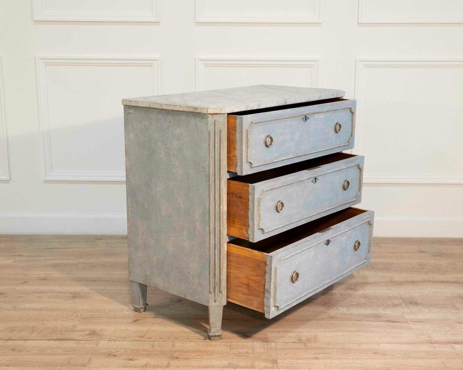 Swedish Gustavian-Style Blue Chest of Drawers with Faux Marble Top, Circa 1890–1900 - JAA