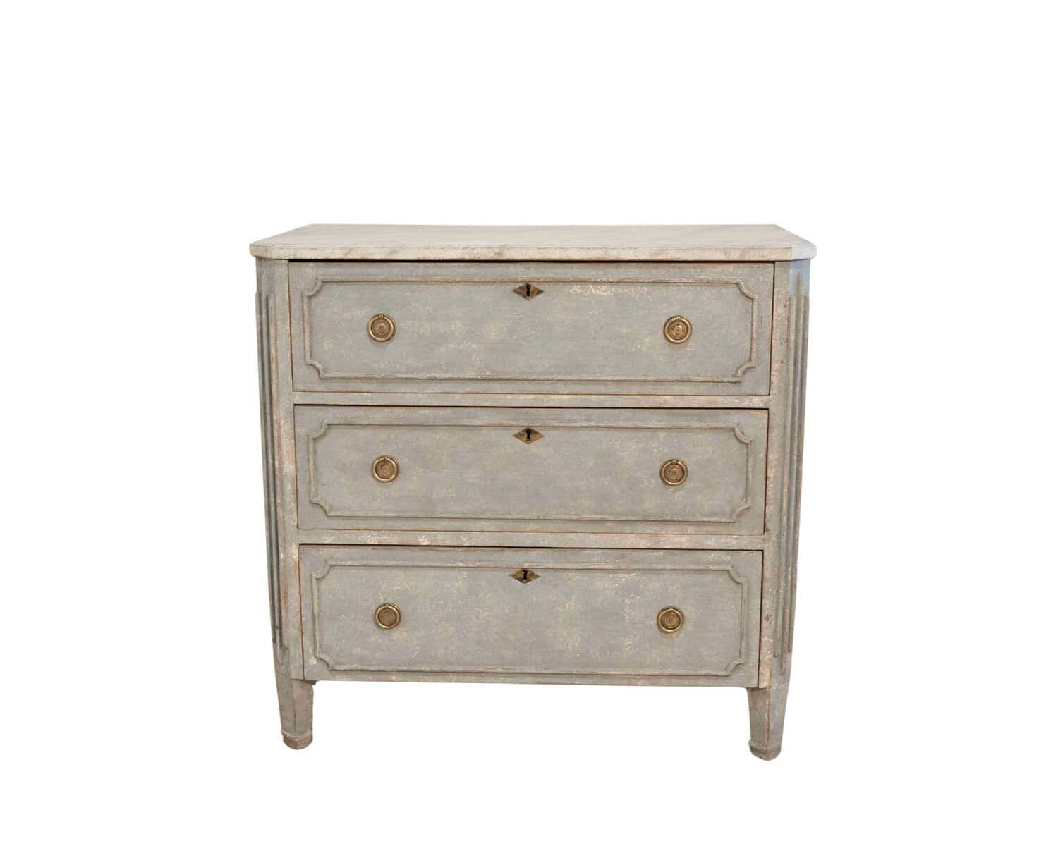Swedish Gustavian-Style Blue Chest of Drawers with Faux Marble Top, Circa 1890–1900 - JAA