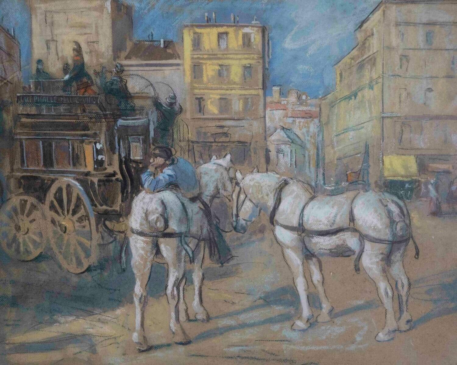The Place Pigalle Omnibus, Paris, Early 20th Century — Gouache Enhanced Drawing by Bertrand Rasmussen - JAA