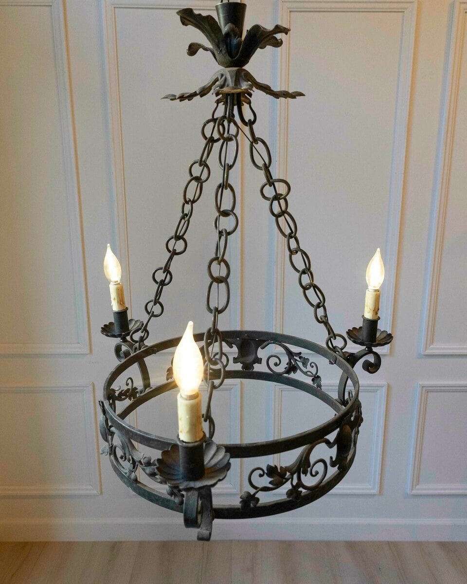 20th-Century French Wrought Iron Chandelier with Foliate Crown - JAA