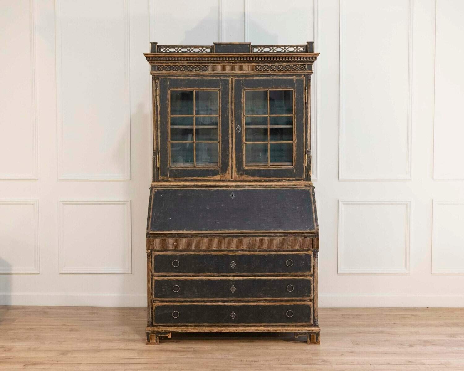 Louis XVI–Style Secretary with Glass Doors, Repainted Black, Blue Interior - JAA
