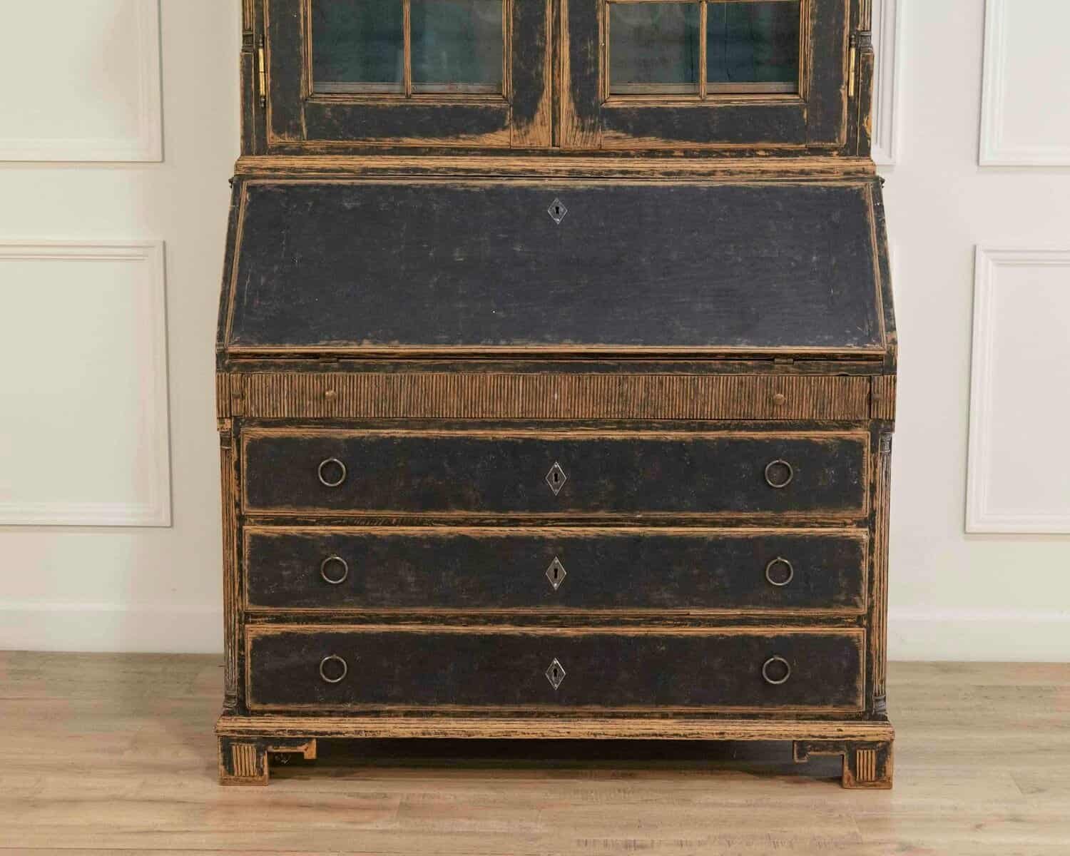 Louis XVI–Style Secretary with Glass Doors, Repainted Black, Blue Interior - JAA