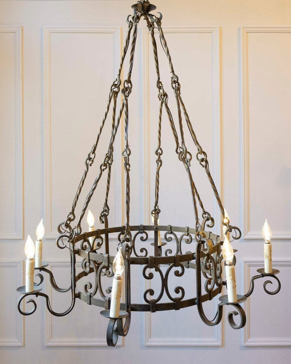 20th-Century French Wrought Iron Chandelier with Scrollwork Detailing - JAA