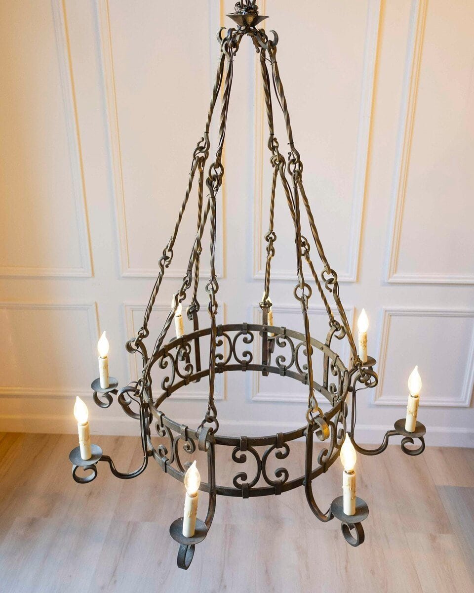 20th-Century French Wrought Iron Chandelier with Scrollwork Detailing - JAA