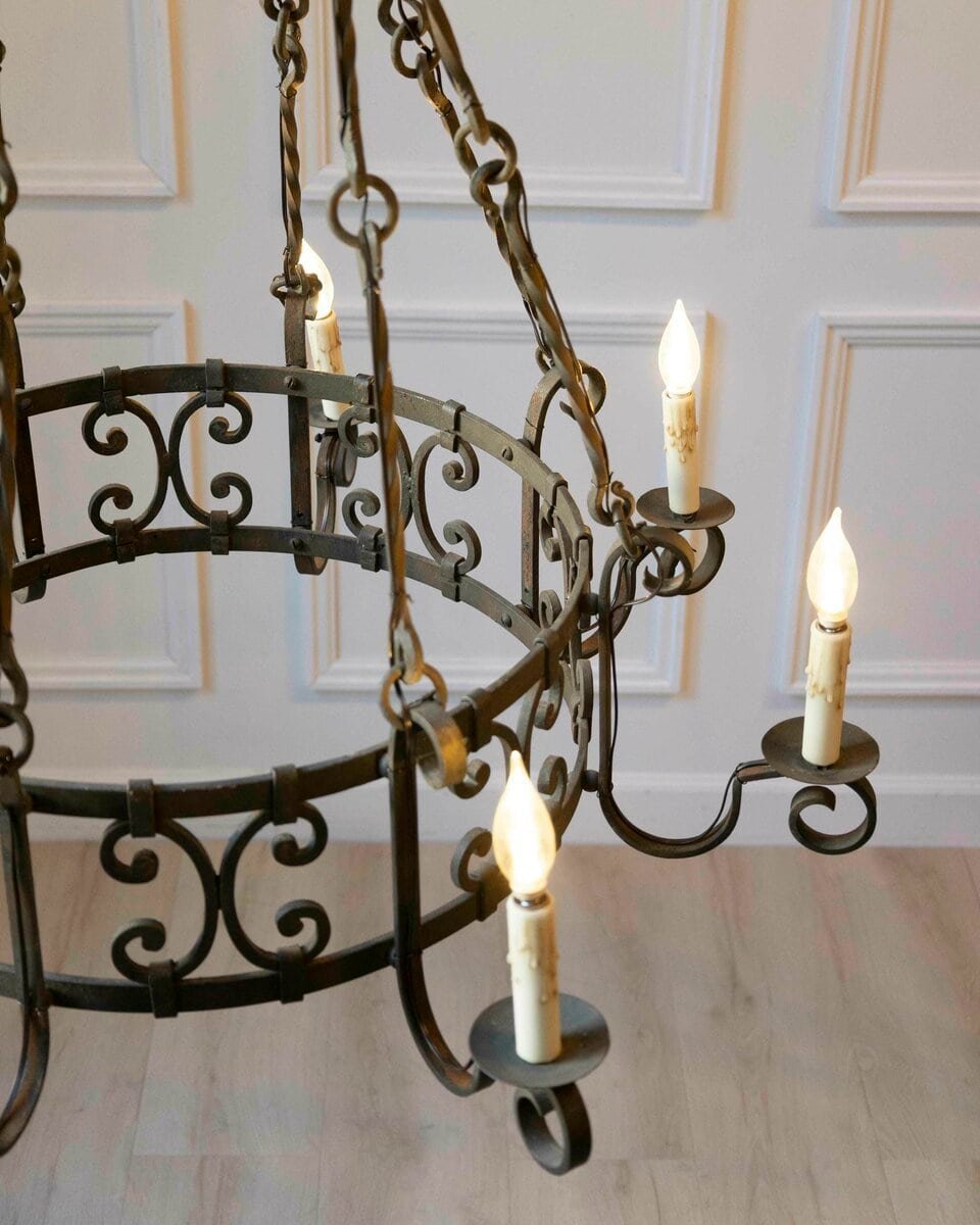 20th-Century French Wrought Iron Chandelier with Scrollwork Detailing - JAA