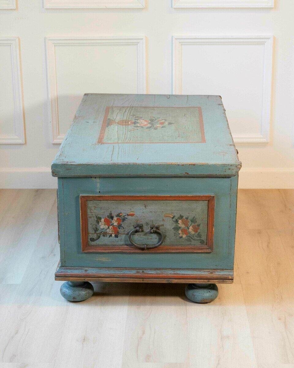Alpine Early 19th Century Blue-Painted Fir Chest with Floral Vase Panels and Bun Feet - JAA