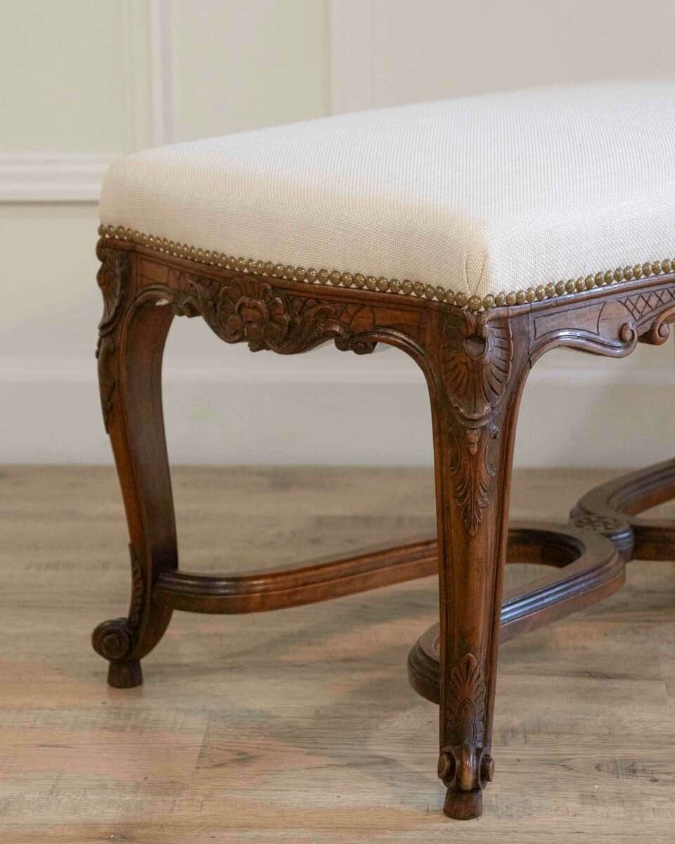 Louis XV–Style Walnut Bench with Upholstered Seat and Carved Frame, France - JAA