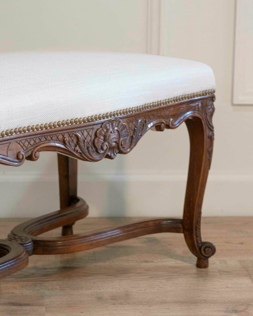 Louis XV–Style Walnut Bench with Upholstered Seat and Carved Frame, France - JAA