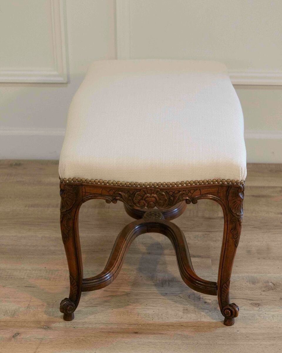 Louis XV–Style Walnut Bench with Upholstered Seat and Carved Frame, France - JAA