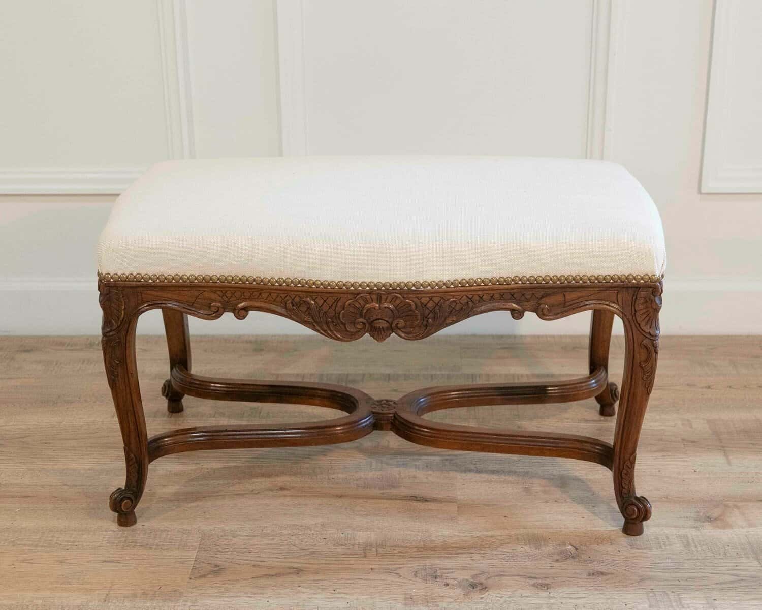 Louis XV–Style Walnut Bench with Upholstered Seat and Carved Frame, France - JAA