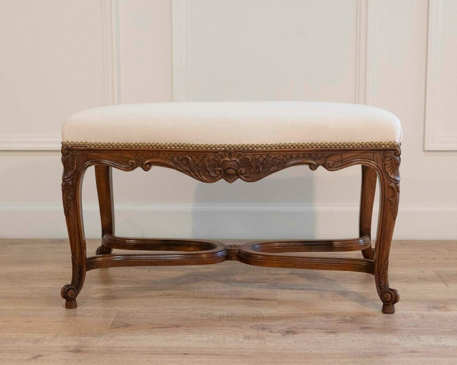 Louis XV–Style Walnut Bench with Upholstered Seat and Carved Frame, France - JAA