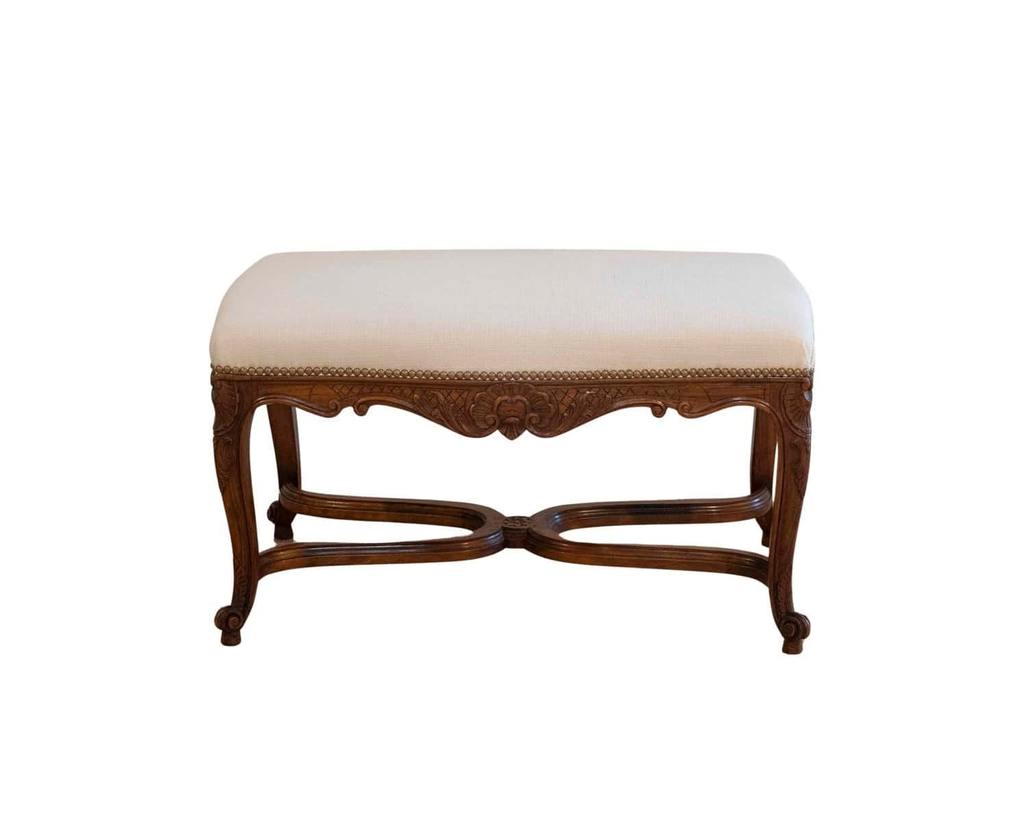 Louis XV–Style Walnut Bench with Upholstered Seat and Carved Frame, France - JAA