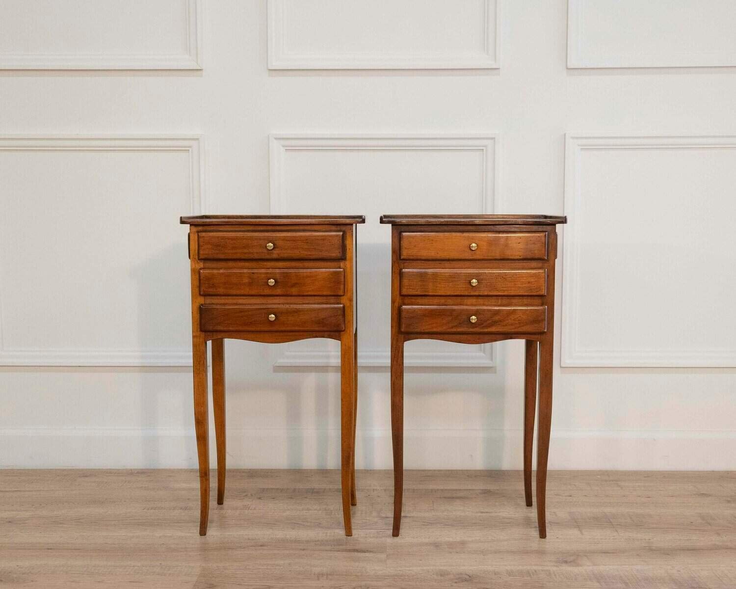 Pair of Louis XV–Style Walnut Bedside Tables with Three Drawers, France - JAA