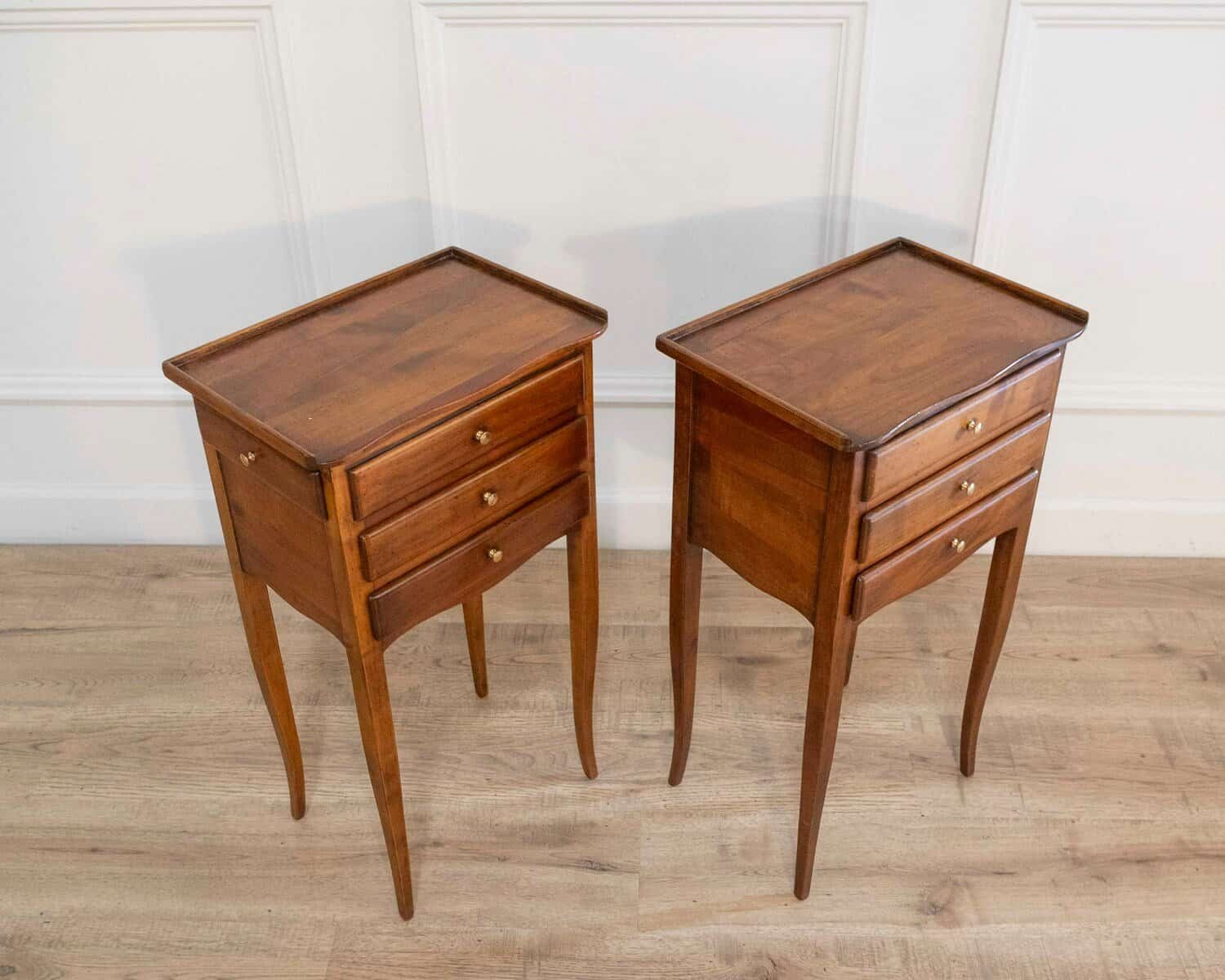 Pair of Louis XV–Style Walnut Bedside Tables with Three Drawers, France - JAA