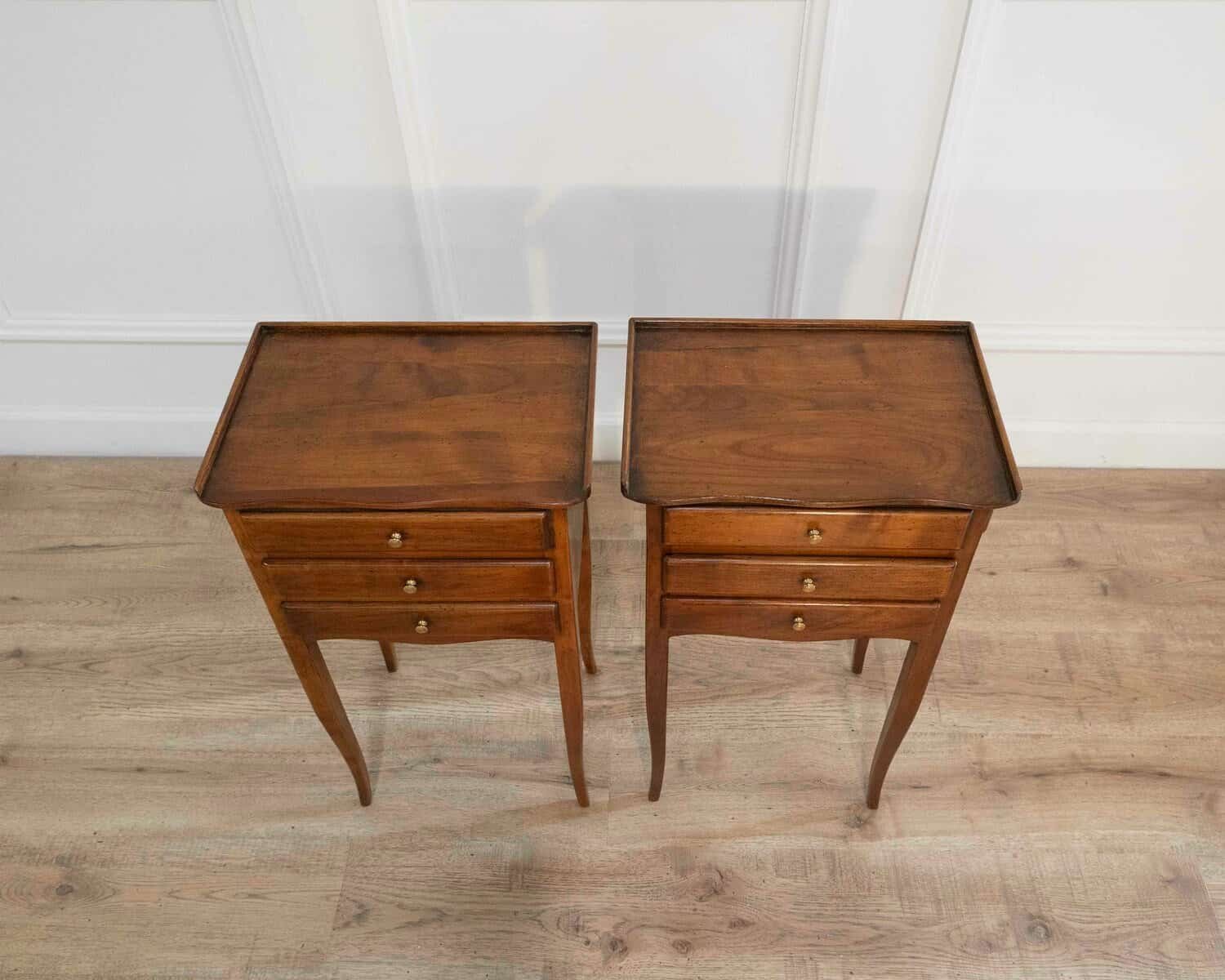 Pair of Louis XV–Style Walnut Bedside Tables with Three Drawers, France - JAA