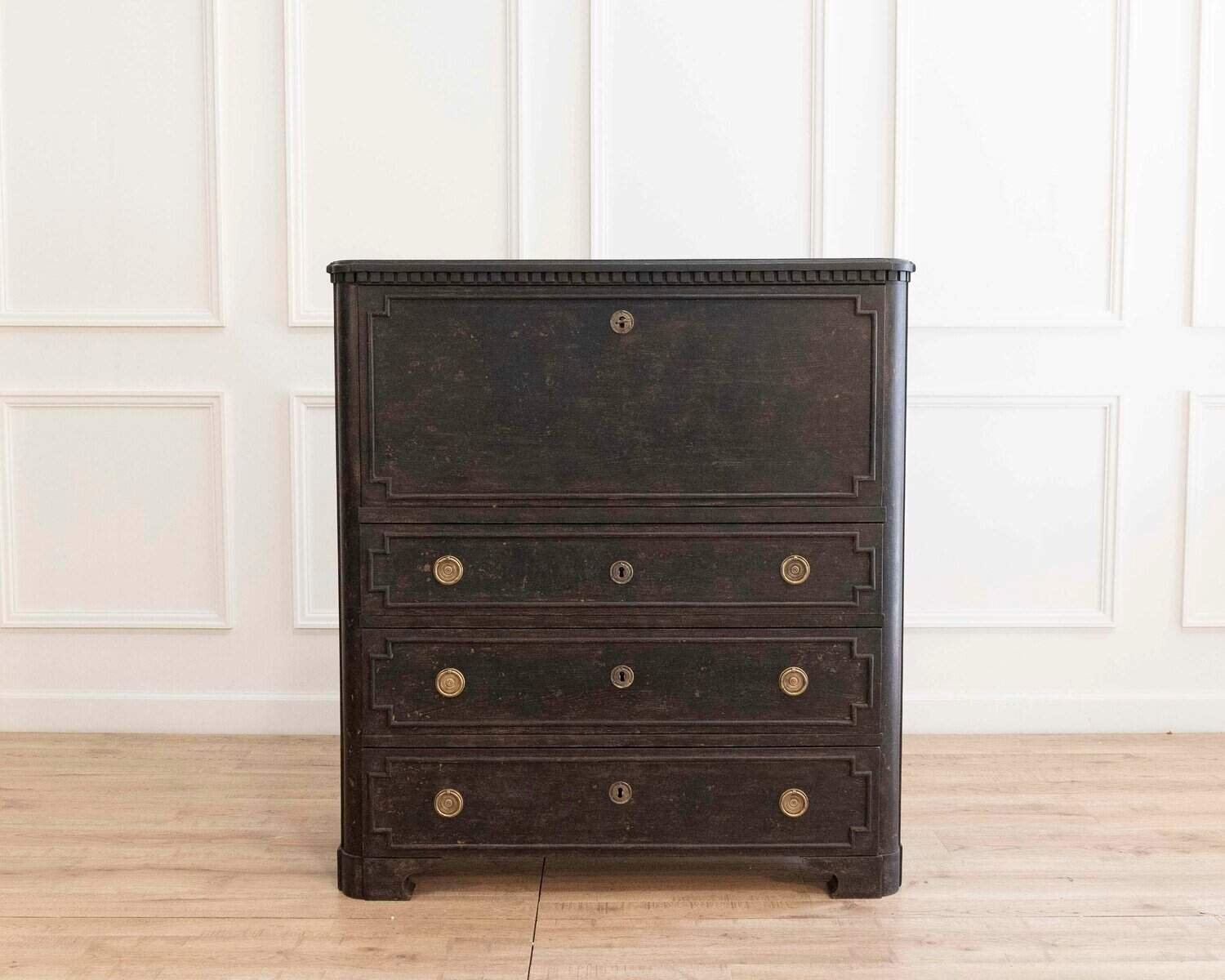 ON HOLD - Swedish Painted Bureau with Secretary Interior in Black, Mid-19th Century - JAA