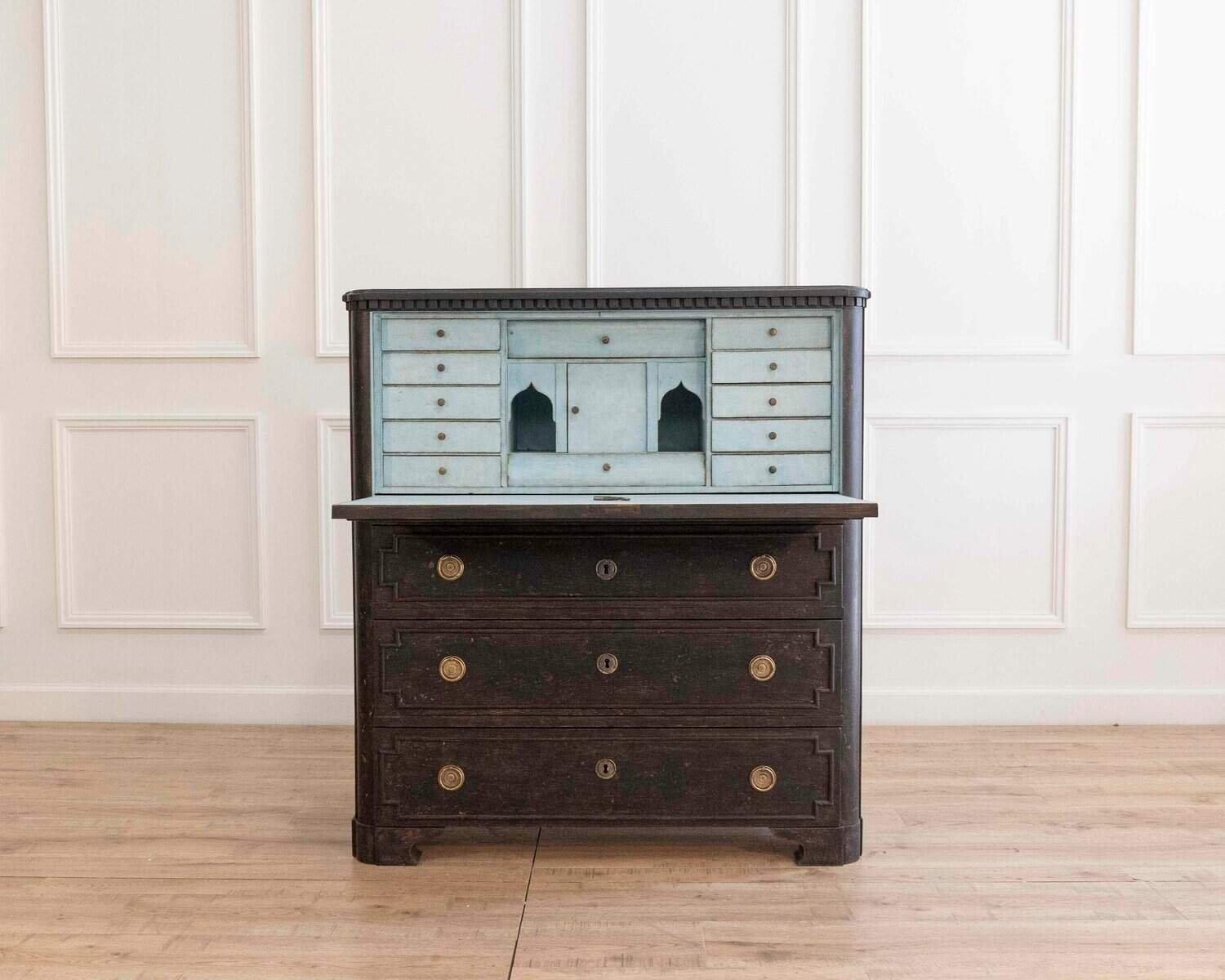 ON HOLD - Swedish Painted Bureau with Secretary Interior in Black, Mid-19th Century - JAA