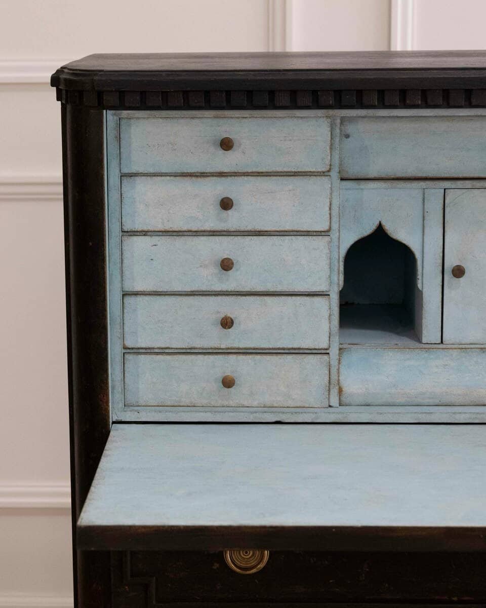 ON HOLD - Swedish Painted Bureau with Secretary Interior in Black, Mid-19th Century - JAA