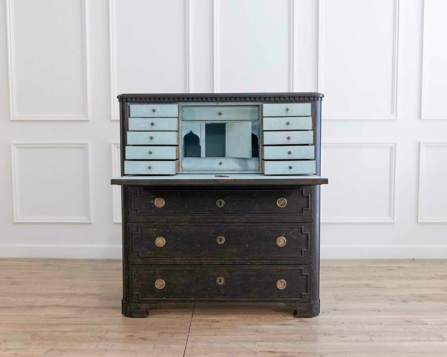 ON HOLD - Swedish Painted Bureau with Secretary Interior in Black, Mid-19th Century - JAA