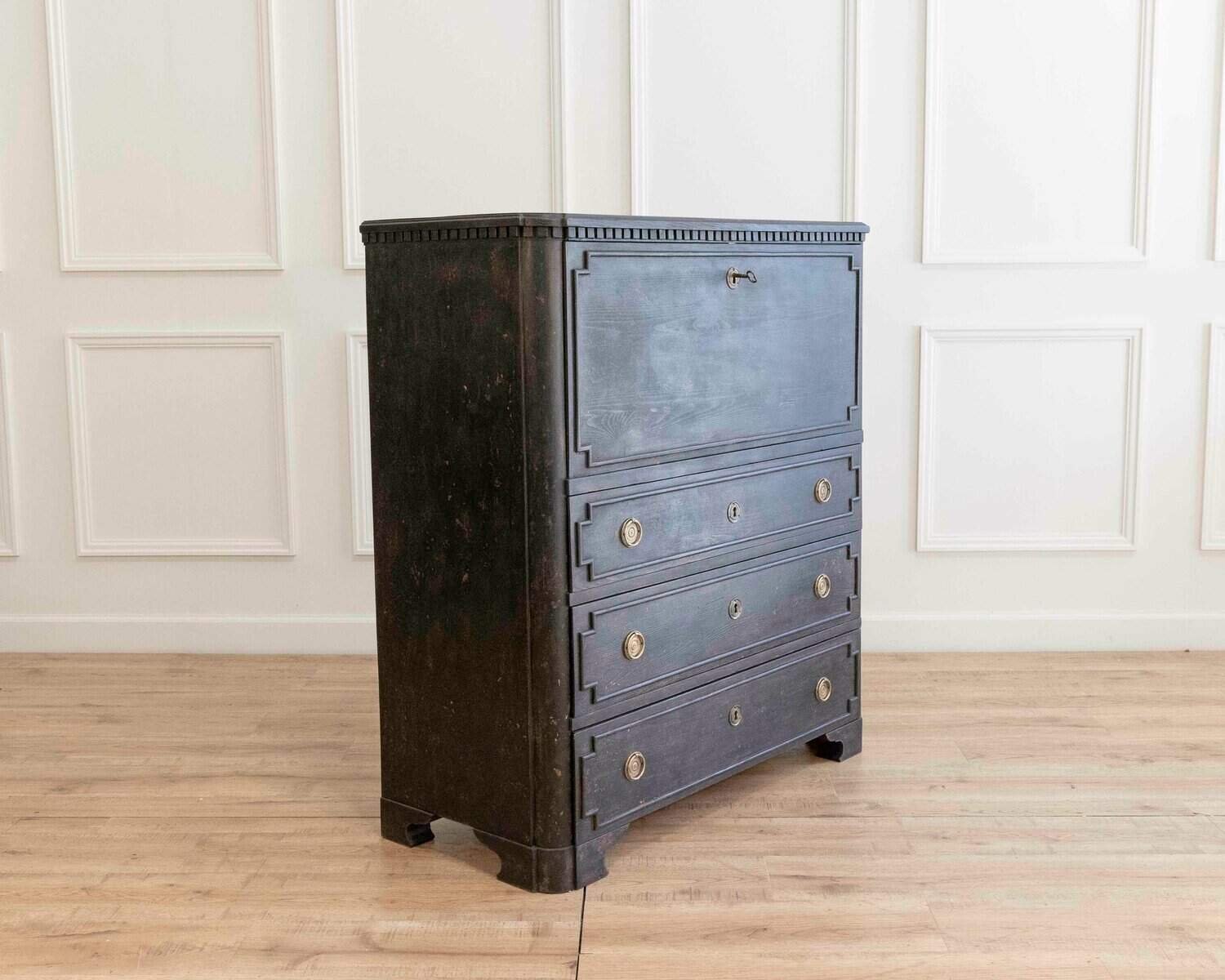 ON HOLD - Swedish Painted Bureau with Secretary Interior in Black, Mid-19th Century - JAA