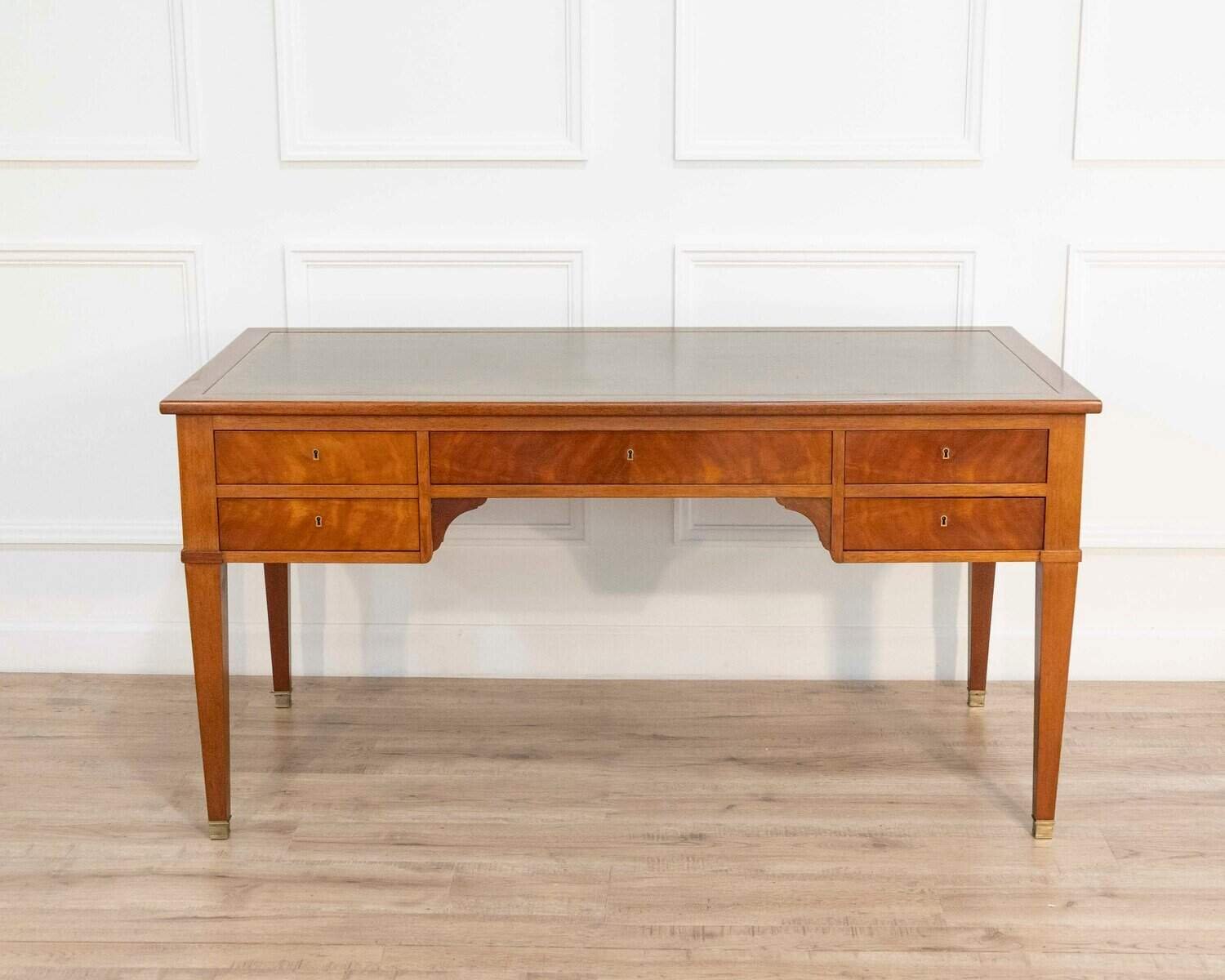 Large Louis XVI–Style Mahogany Double-Sided Flat Desk with Green Leather Top, France - JAA