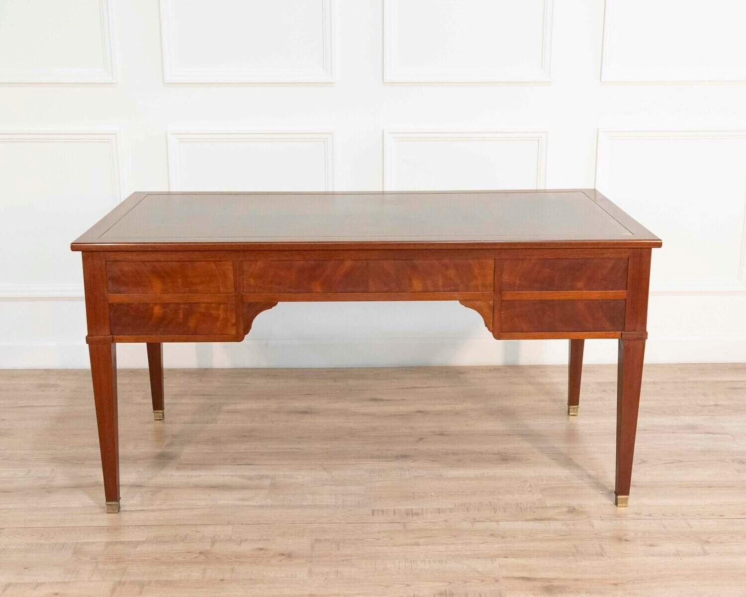 Large Louis XVI–Style Mahogany Double-Sided Flat Desk with Green Leather Top, France - JAA