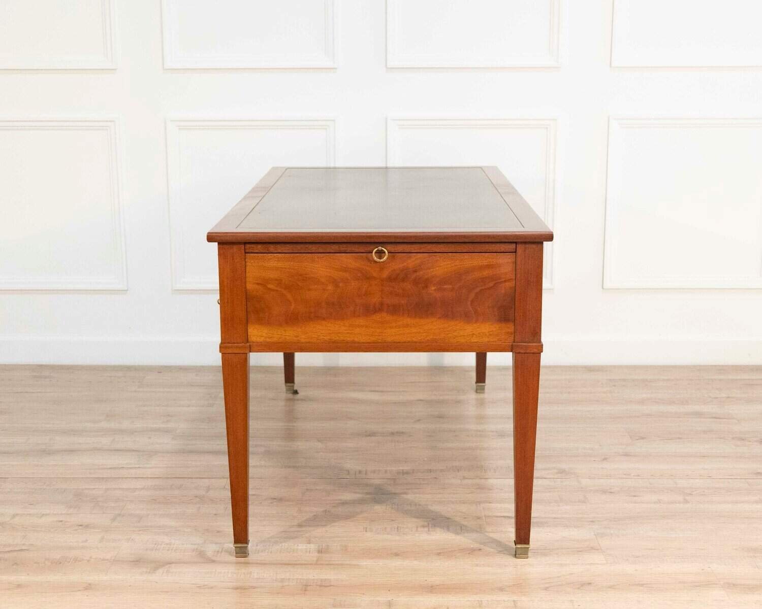 Large Louis XVI–Style Mahogany Double-Sided Flat Desk with Green Leather Top, France - JAA