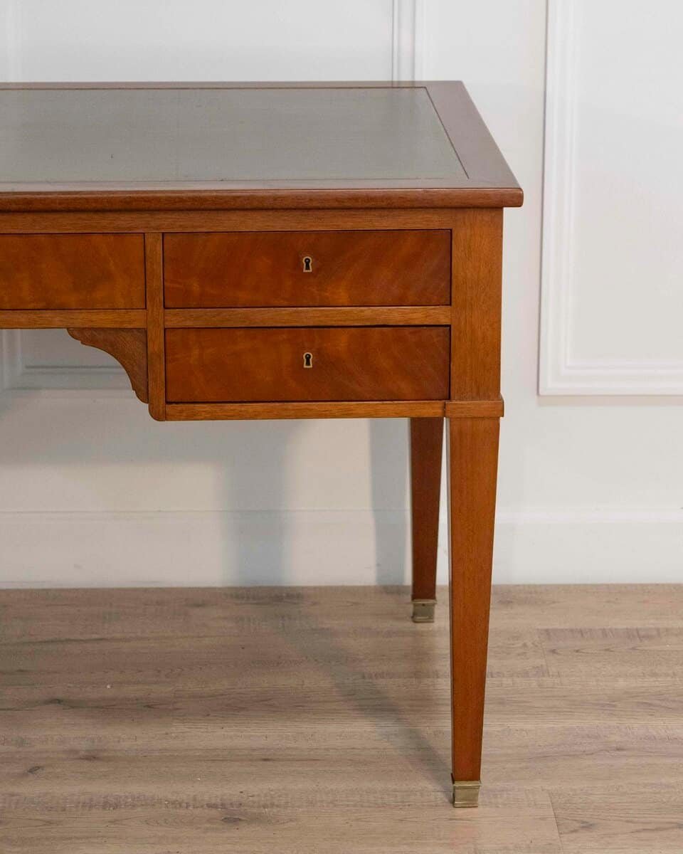 Large Louis XVI–Style Mahogany Double-Sided Flat Desk with Green Leather Top, France - JAA