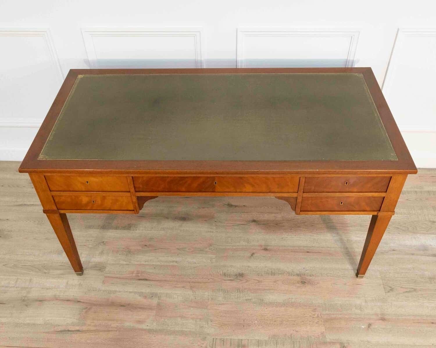 Large Louis XVI–Style Mahogany Double-Sided Flat Desk with Green Leather Top, France - JAA