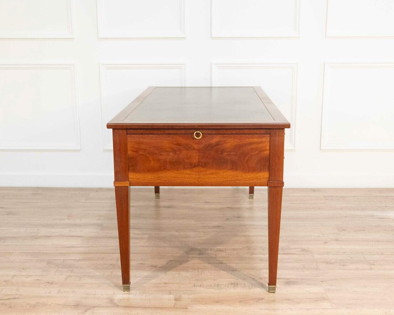 Large Louis XVI–Style Mahogany Double-Sided Flat Desk with Green Leather Top, France - JAA