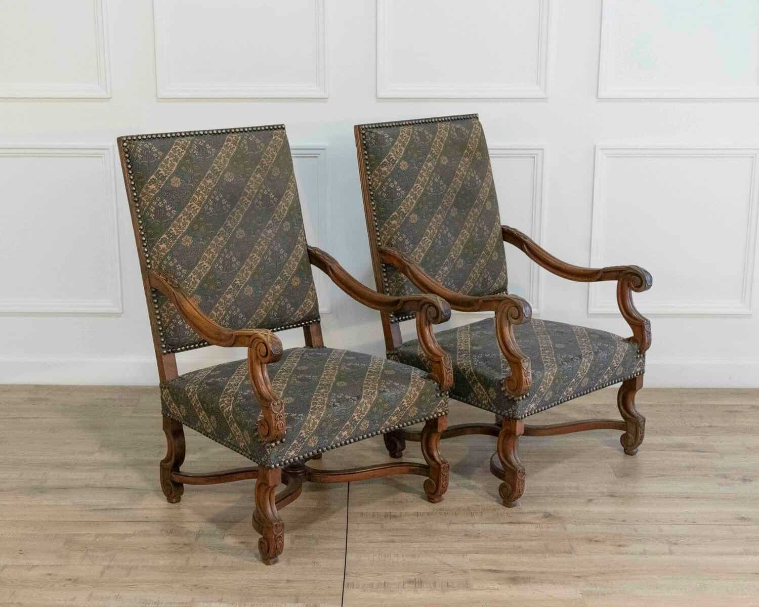 Pair of French Walnut Armchairs with X-Form Crossbars, Circa 1900 - JAA