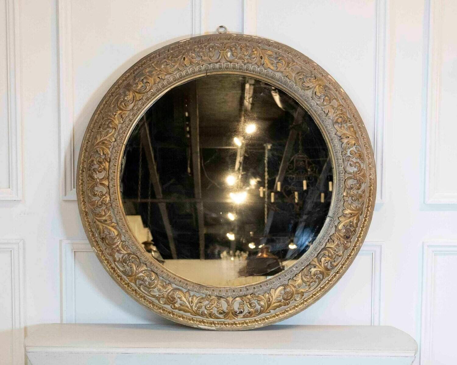 ON HOLD - Italian Giltwood Round Mirror, Finely Carved, 19th Century - JAA