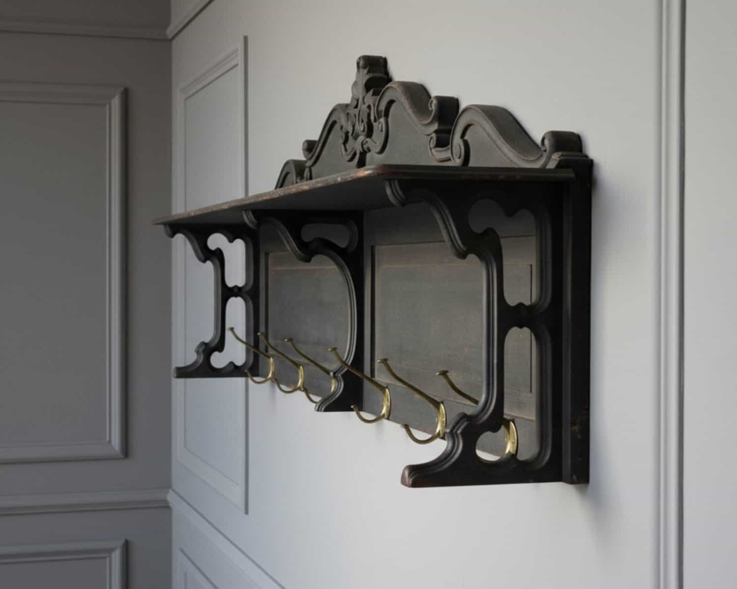 Early 20th Century Swedish Wall-Mounted Coat Rack with Brass Hooks - JAA