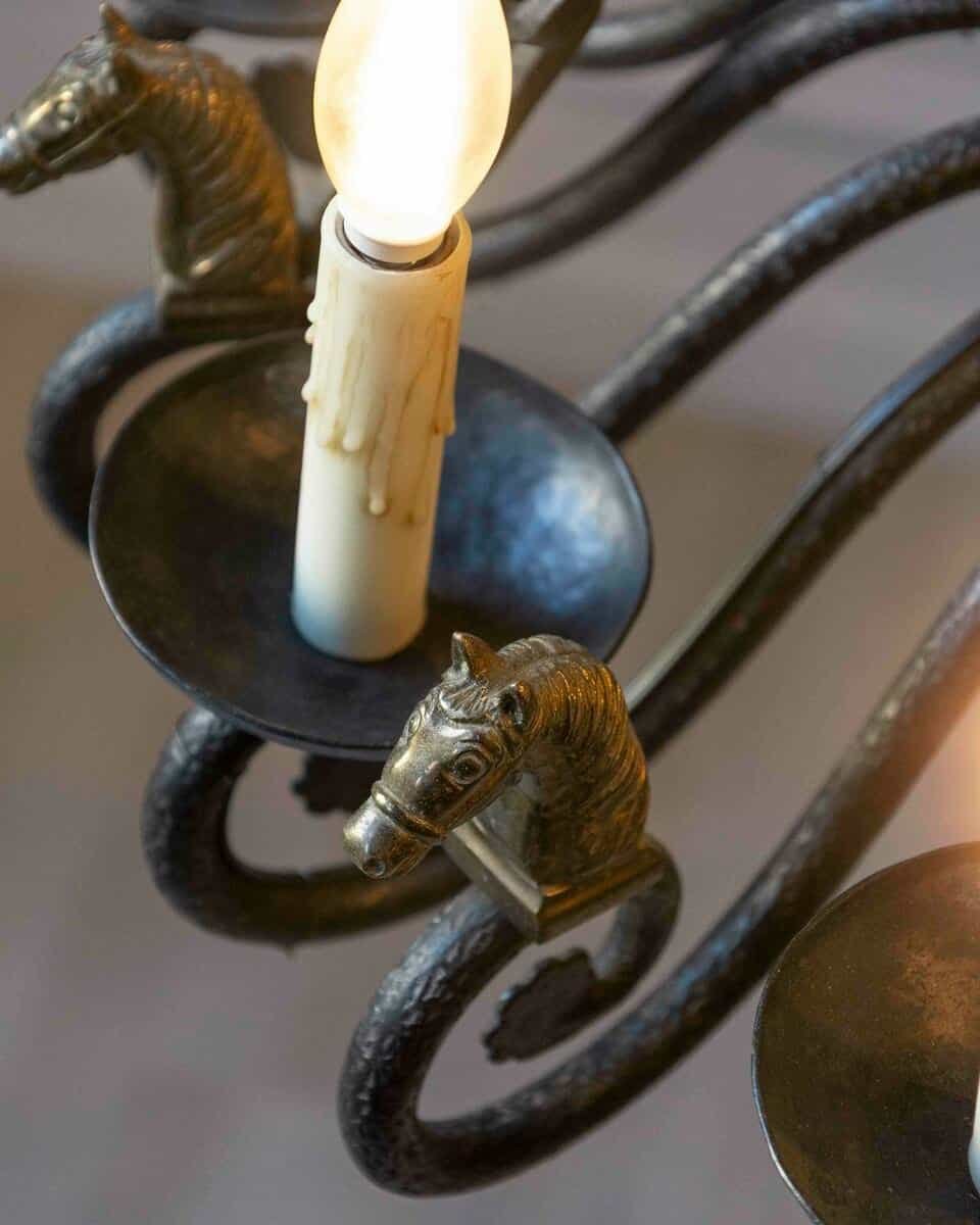 20th-Century French Wrought Iron Chandelier with Horse-Head Details - JAA