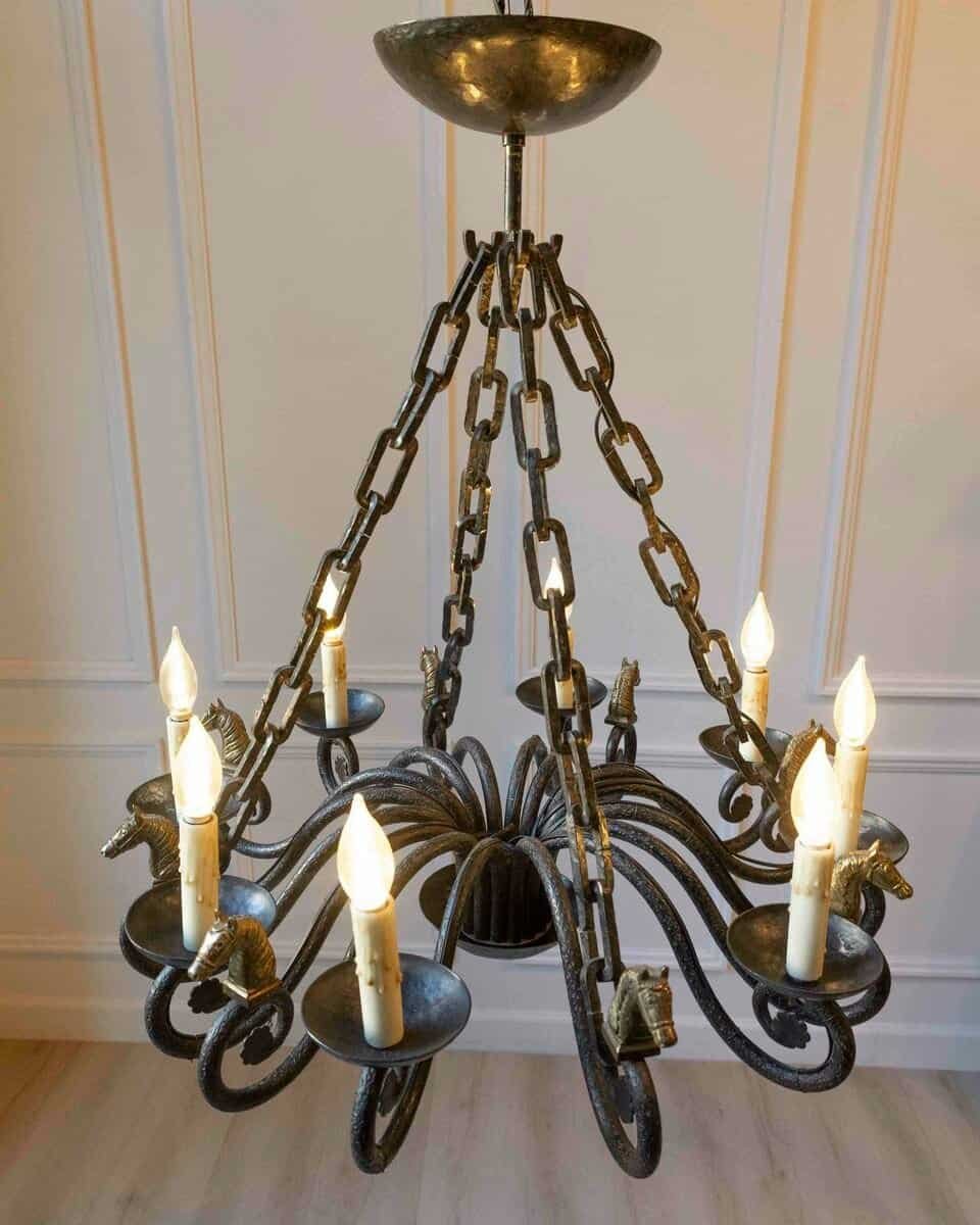 20th-Century French Wrought Iron Chandelier with Horse-Head Details - JAA