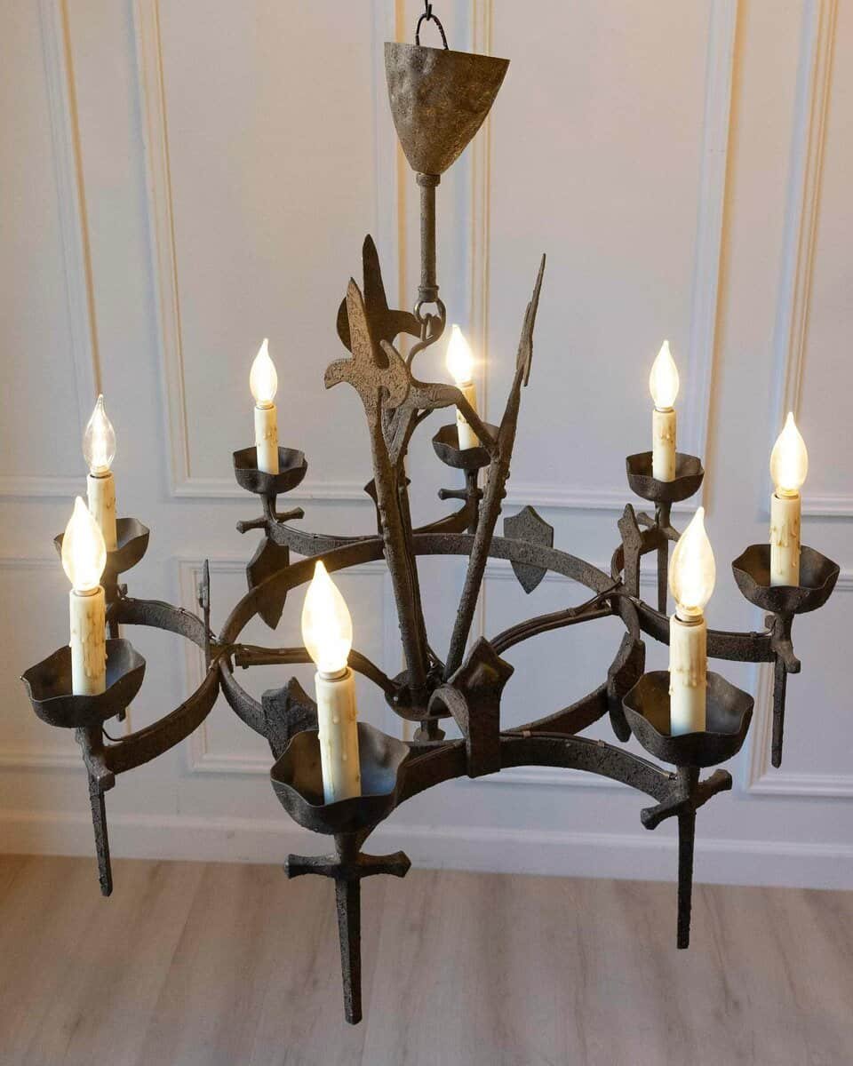 20th-Century French Wrought Iron Chandelier with Gothic Overtones - JAA