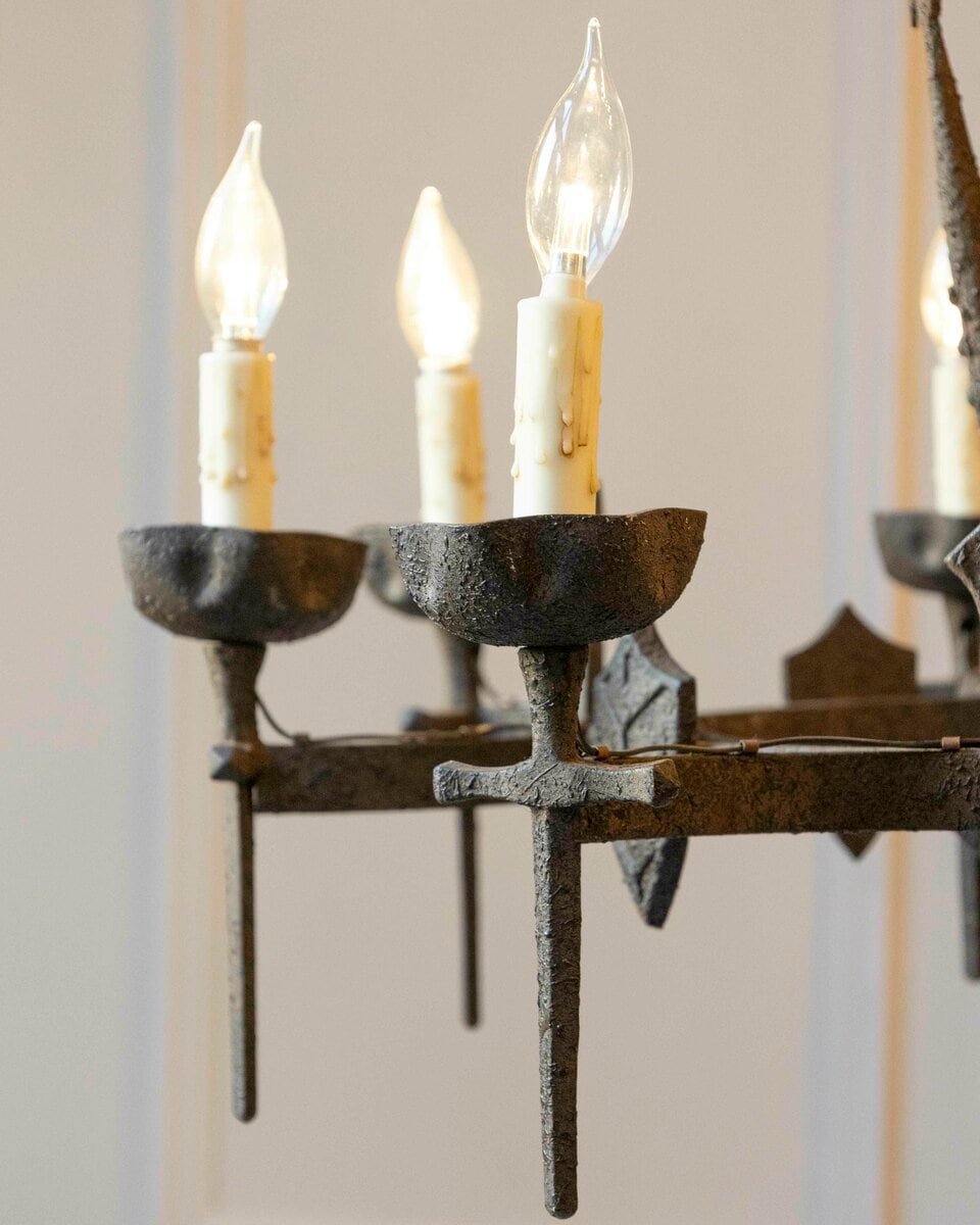 20th-Century French Wrought Iron Chandelier with Gothic Overtones - JAA
