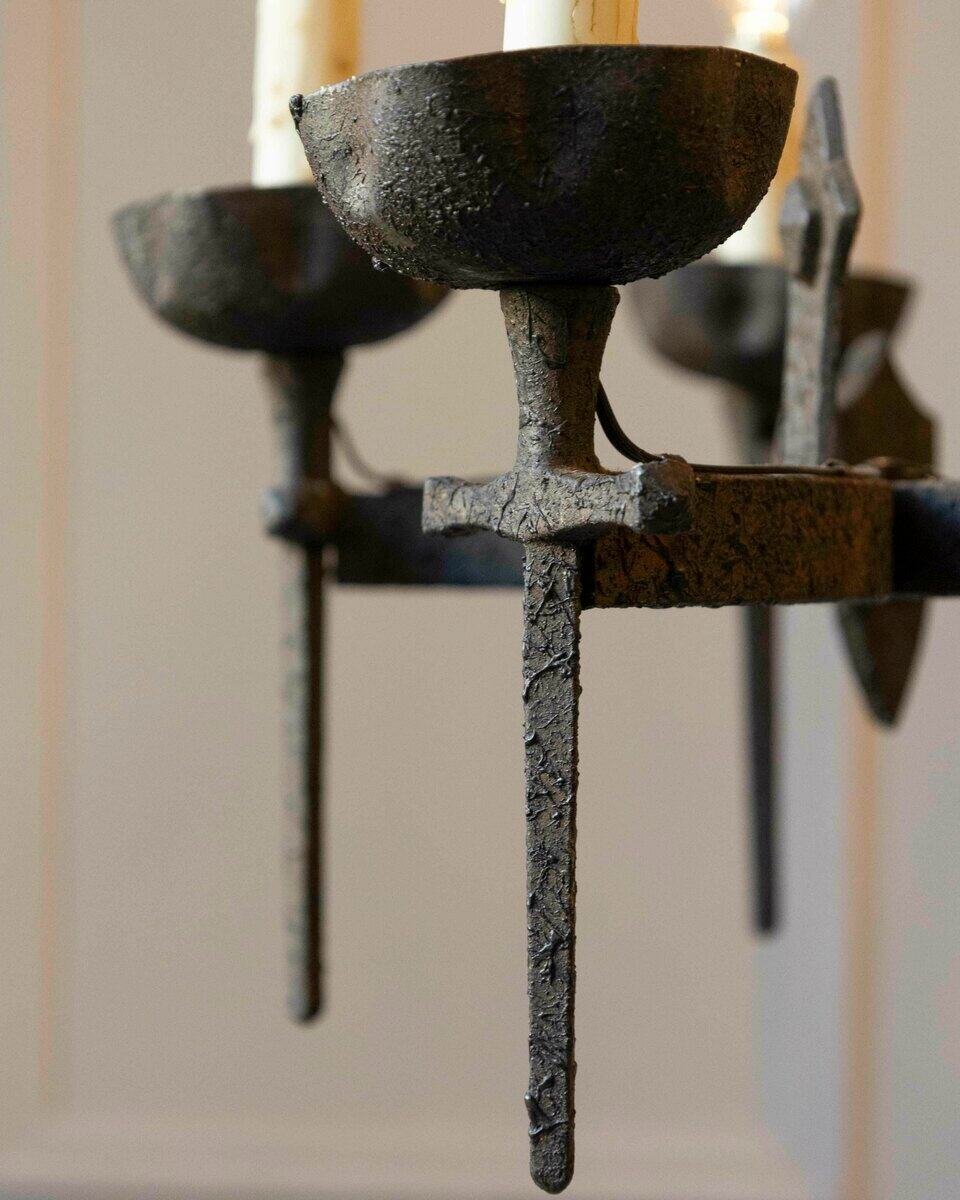 20th-Century French Wrought Iron Chandelier with Gothic Overtones - JAA