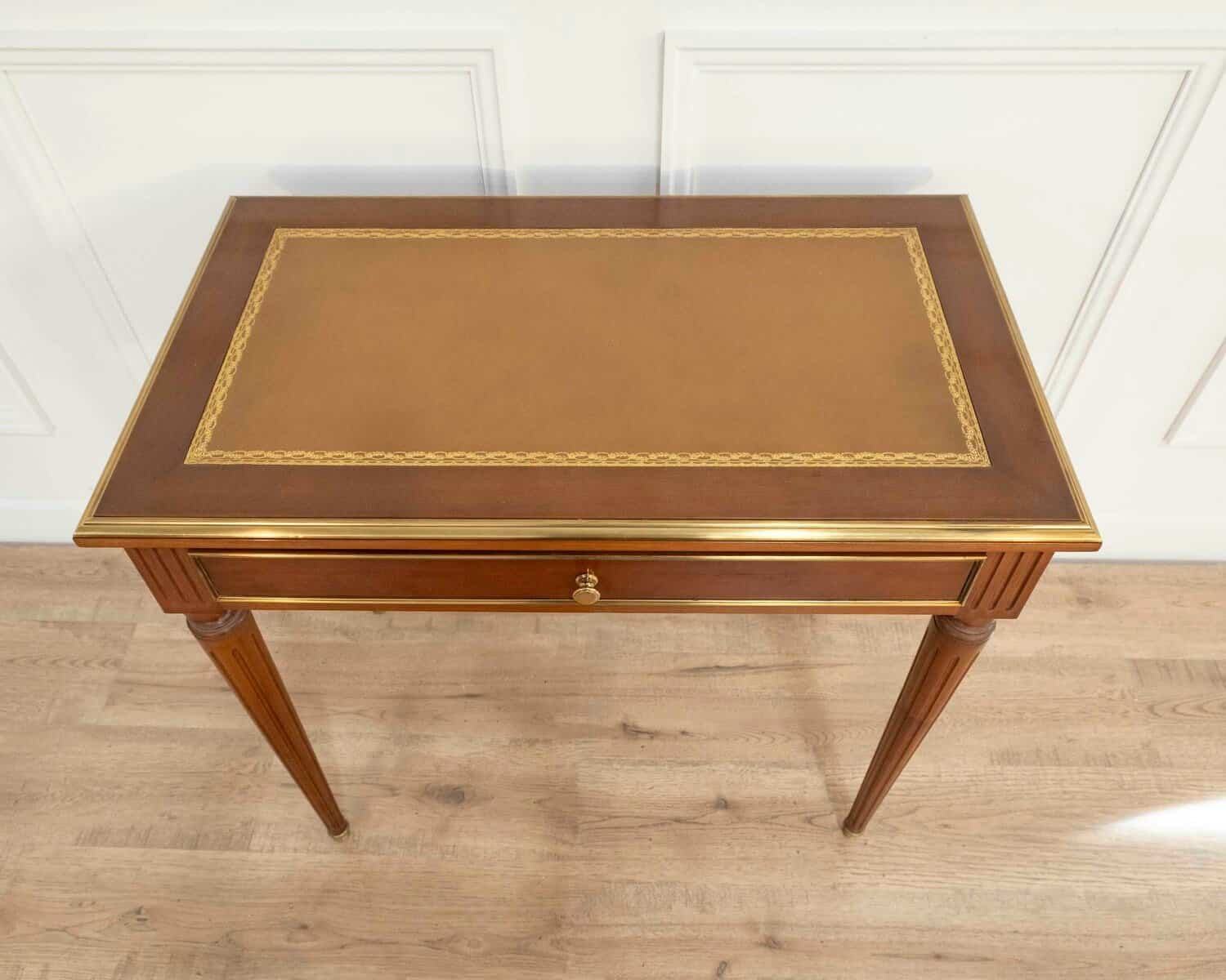 Louis XVI Style Mahogany Writing Desk with Leather Top, Mid-20th Century - JAA