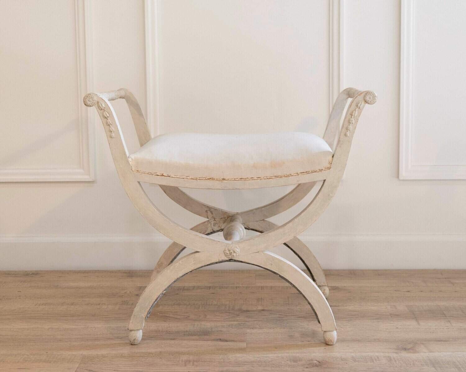A  period Gustavian stool with handles, scraped to original paint - JAA