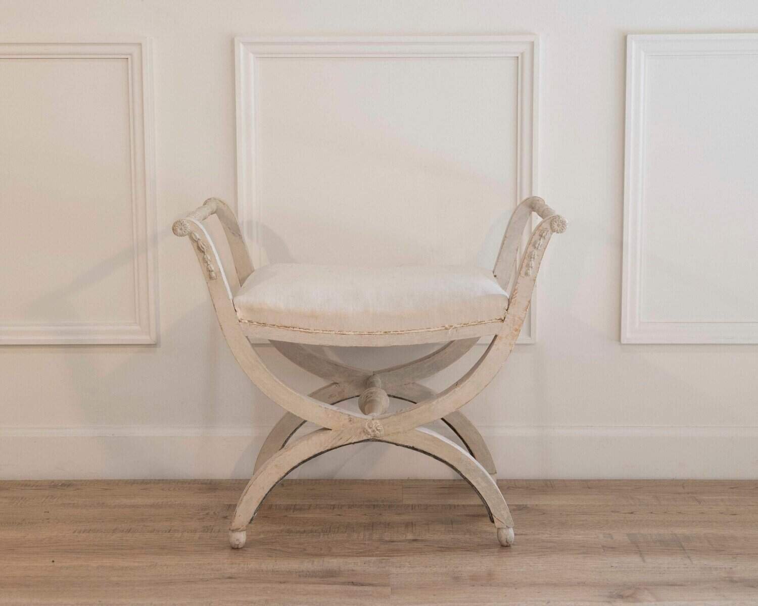 A  period Gustavian stool with handles, scraped to original paint - JAA