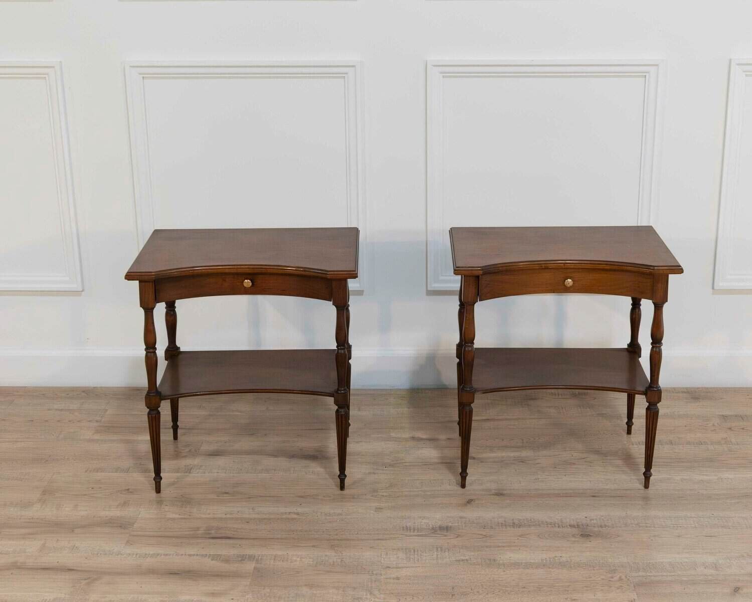 Pair of Louis XVI–Style Bedside Tables with Curved Fronts and Lower Shelves, France - JAA