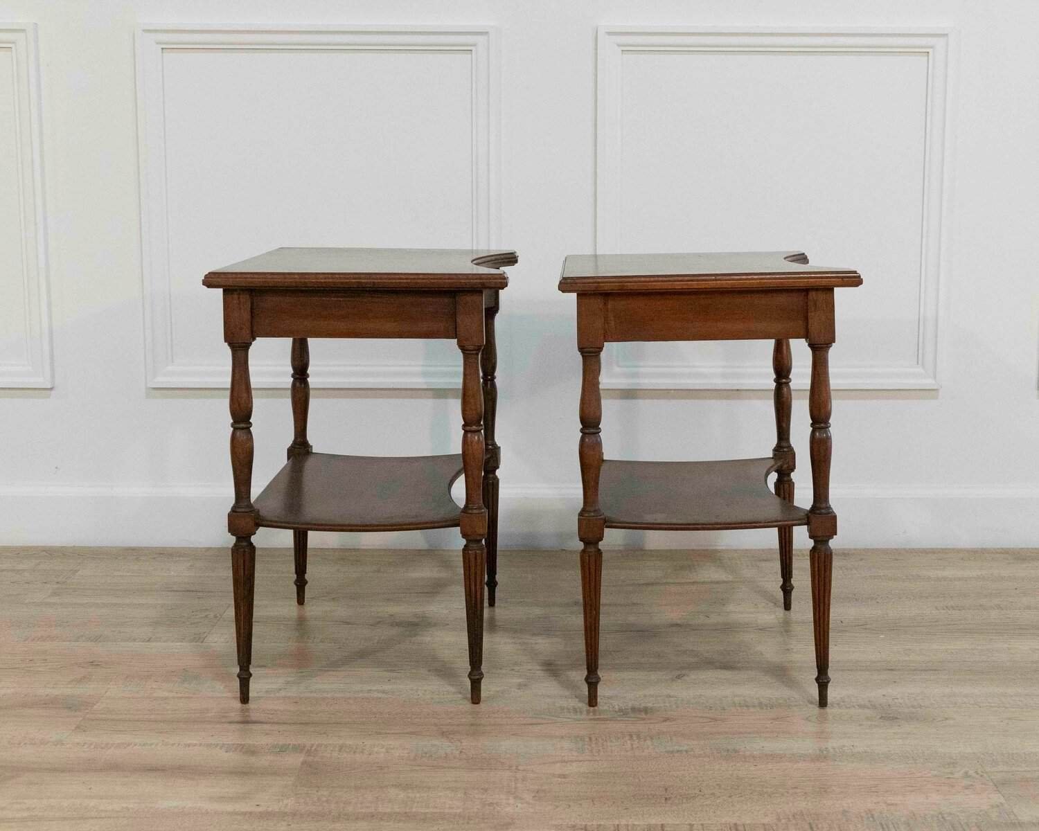 Pair of Louis XVI–Style Bedside Tables with Curved Fronts and Lower Shelves, France - JAA