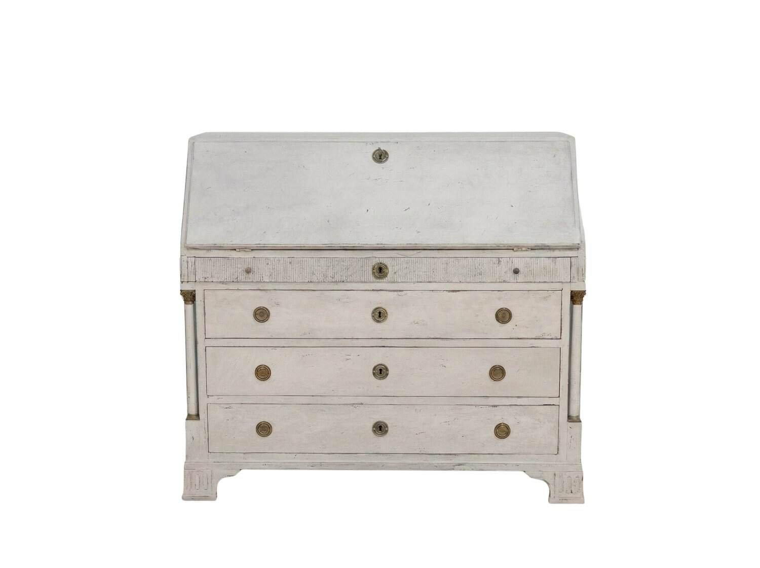 19th-Century Swedish Bureau with Carved Columns and Blue-Painted Interior - JAA