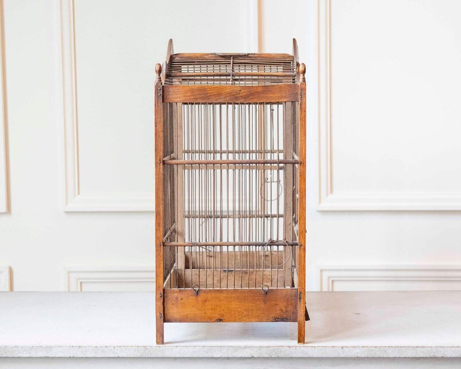 French 19th Century Beech Wood Architectural Birdcage with Carved Crown, Double Doors and Removable Center Divider - JAA