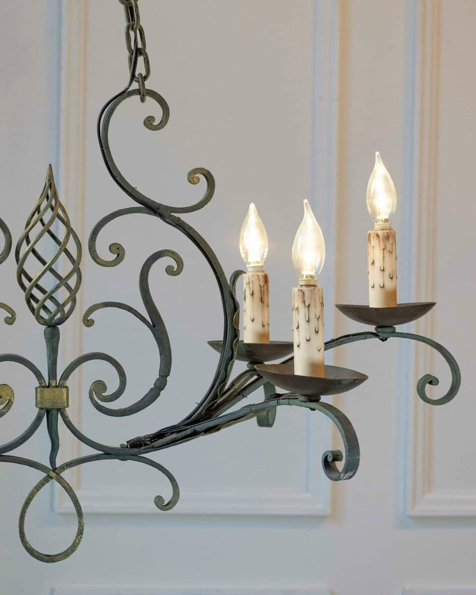 French 19th Century Six-Light Iron Chandelier with Spiral and Scrolling Arms - JAA