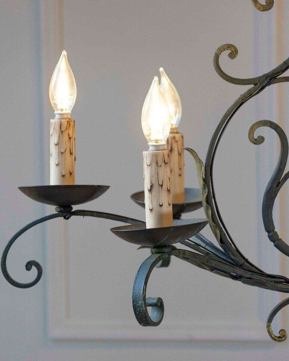French 19th Century Six-Light Iron Chandelier with Spiral and Scrolling Arms - JAA