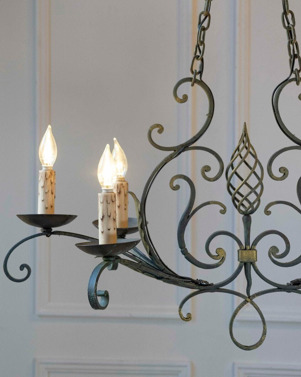 French 19th Century Six-Light Iron Chandelier with Spiral and Scrolling Arms - JAA