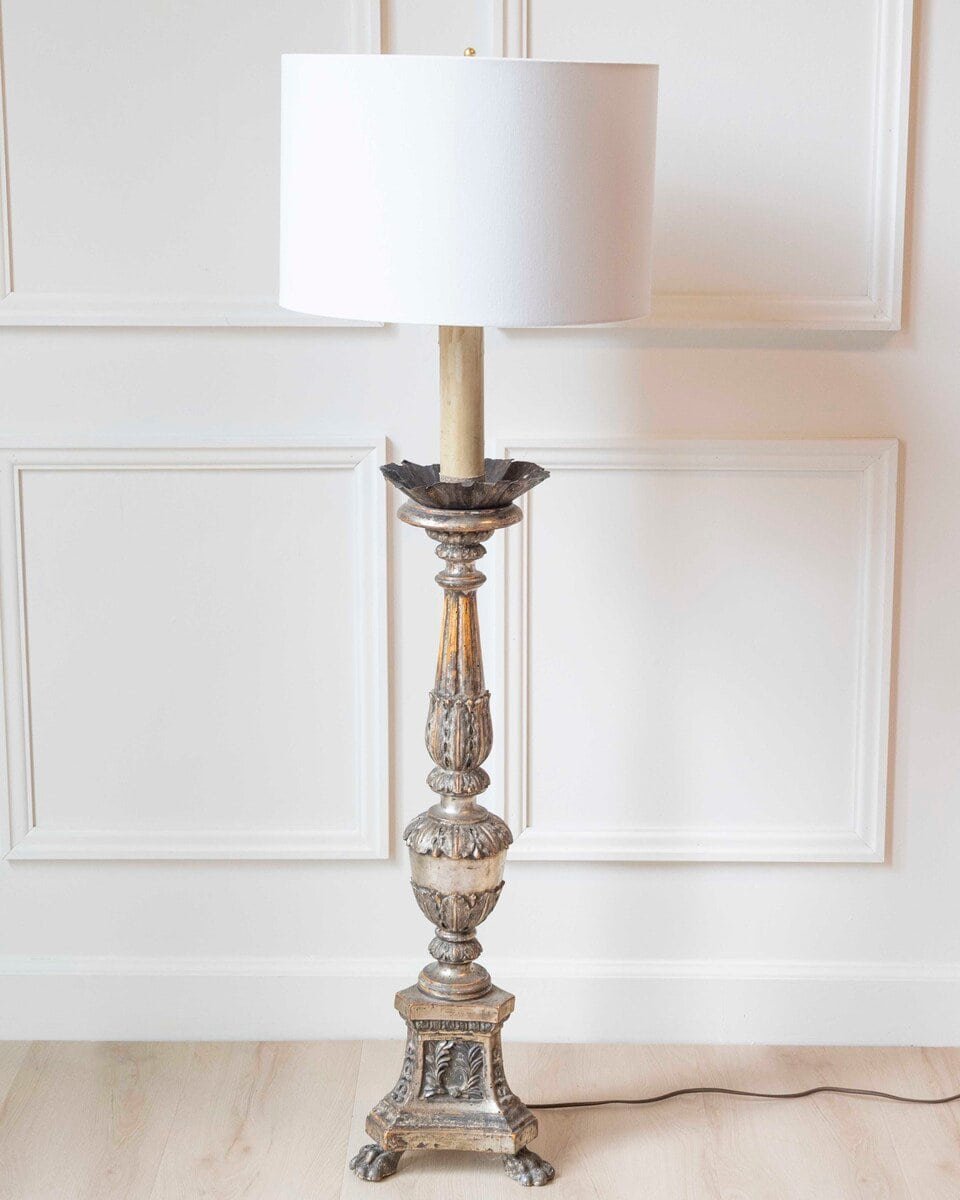 Antique Carved Silver Plated Wood Candlestick 18th Century Italy - JAA